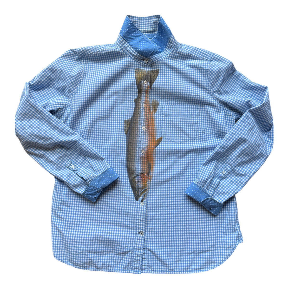 A light blue and white gingham long-sleeve button-up shirt with a large printed fish graphic on the front, laid flat against a white background.