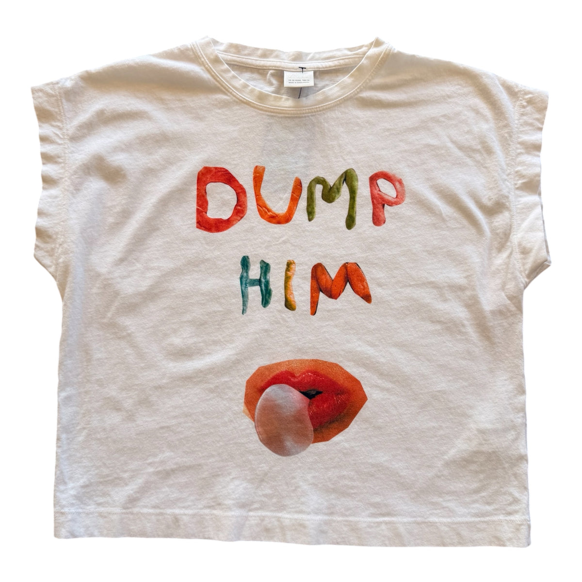 A cream-colored short-sleeve t-shirt with a graphic print on the front. The print features the text 'DUMP HIM' in a hand-painted multicolor style, with a graphic of red lips sticking out below.