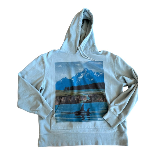 A light sea foam pullover hoodie featuring a large rectangular graphic print on the front depicting a mountain landscape, lake, and an orca whale.