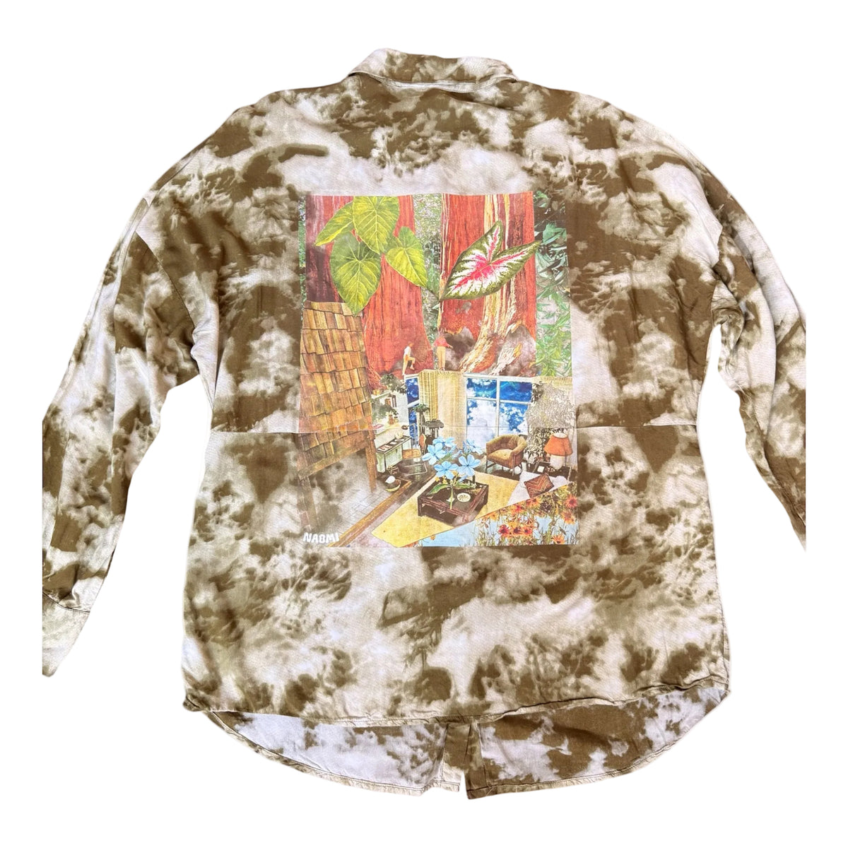 A long-sleeve button-up shirt with a brown and white tie-dye pattern, featuring a large, colorful graphic print on the back depicting a whimsical forest scene.