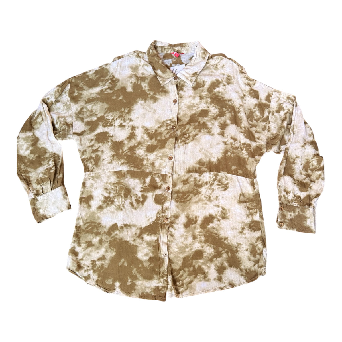 A long-sleeve button-up shirt with a brown and cream tie-dye pattern, laid flat against a white background.