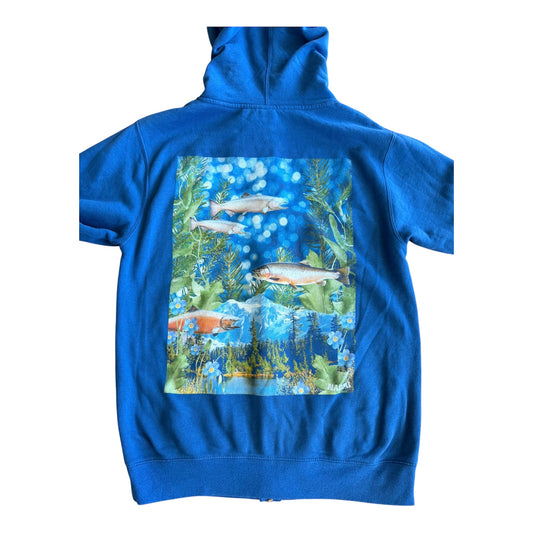 A royal blue zip-up hoodie shown from the back, featuring a large rectangular graphic print of salmon swimming underwater among green aquatic plants and blue bubbles.