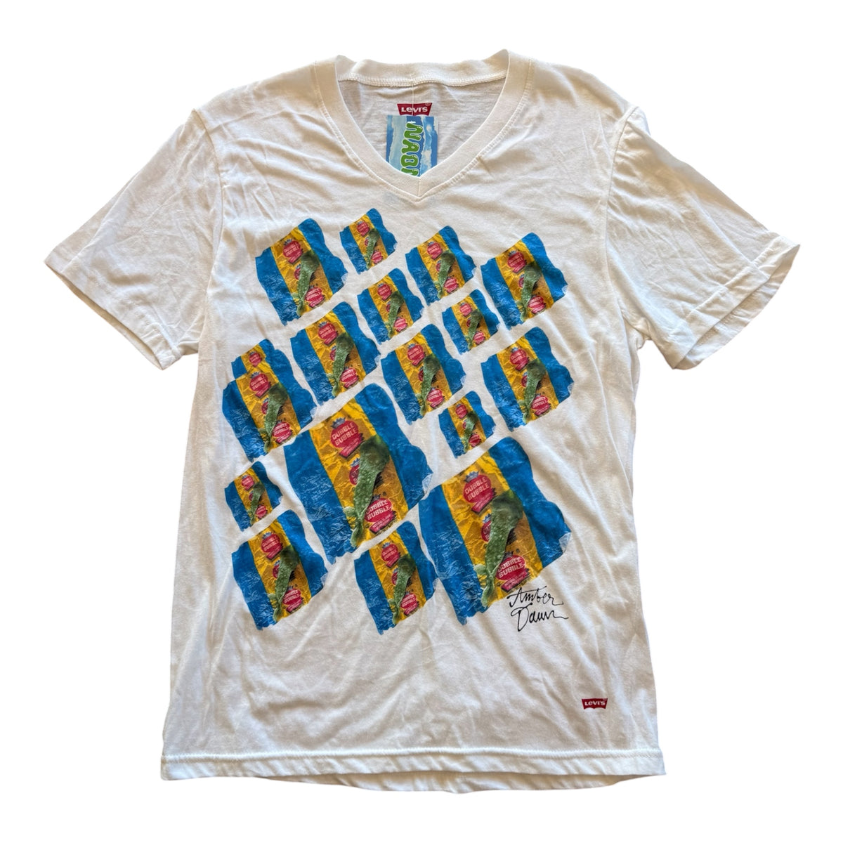 A white Levi's V-neck t-shirt featuring a colorful graphic print of overlapping blue, yellow, and pink gum wrappers arranged in a diamond pattern on the front.