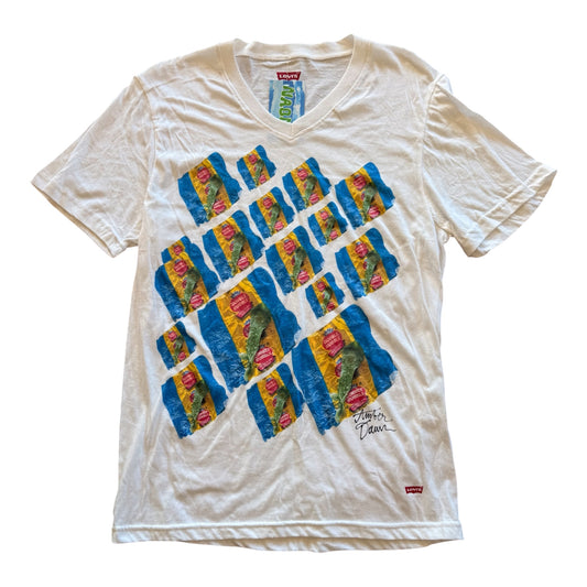 A white Levi's V-neck t-shirt featuring a colorful graphic print of overlapping blue, yellow, and pink gum wrappers arranged in a diamond pattern on the front.
