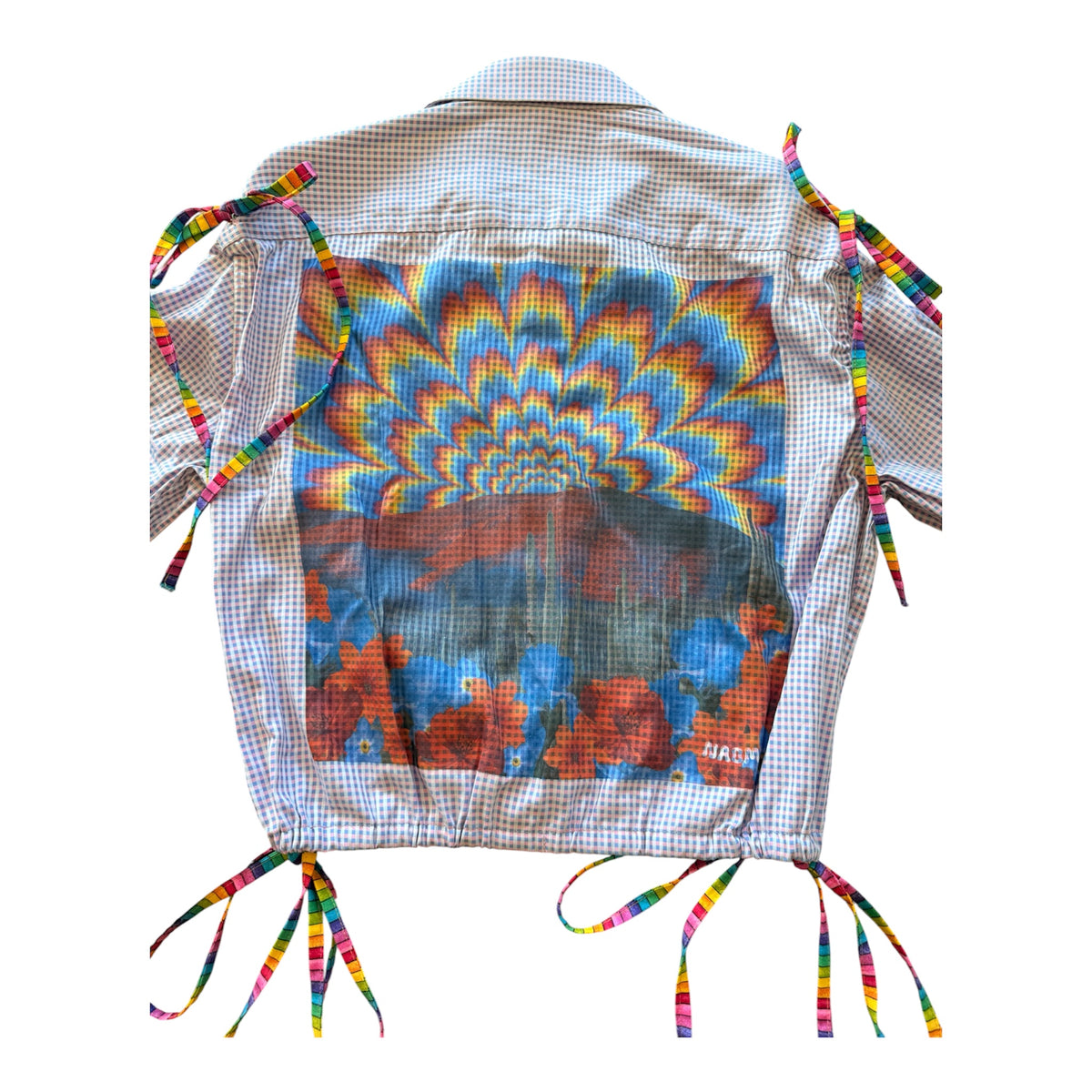 A light-colored gingham shirt shown from the back, featuring a large colorful psychedelic mandala print patch across the upper back, rainbow-striped tie-dye ties at the shoulders and hem