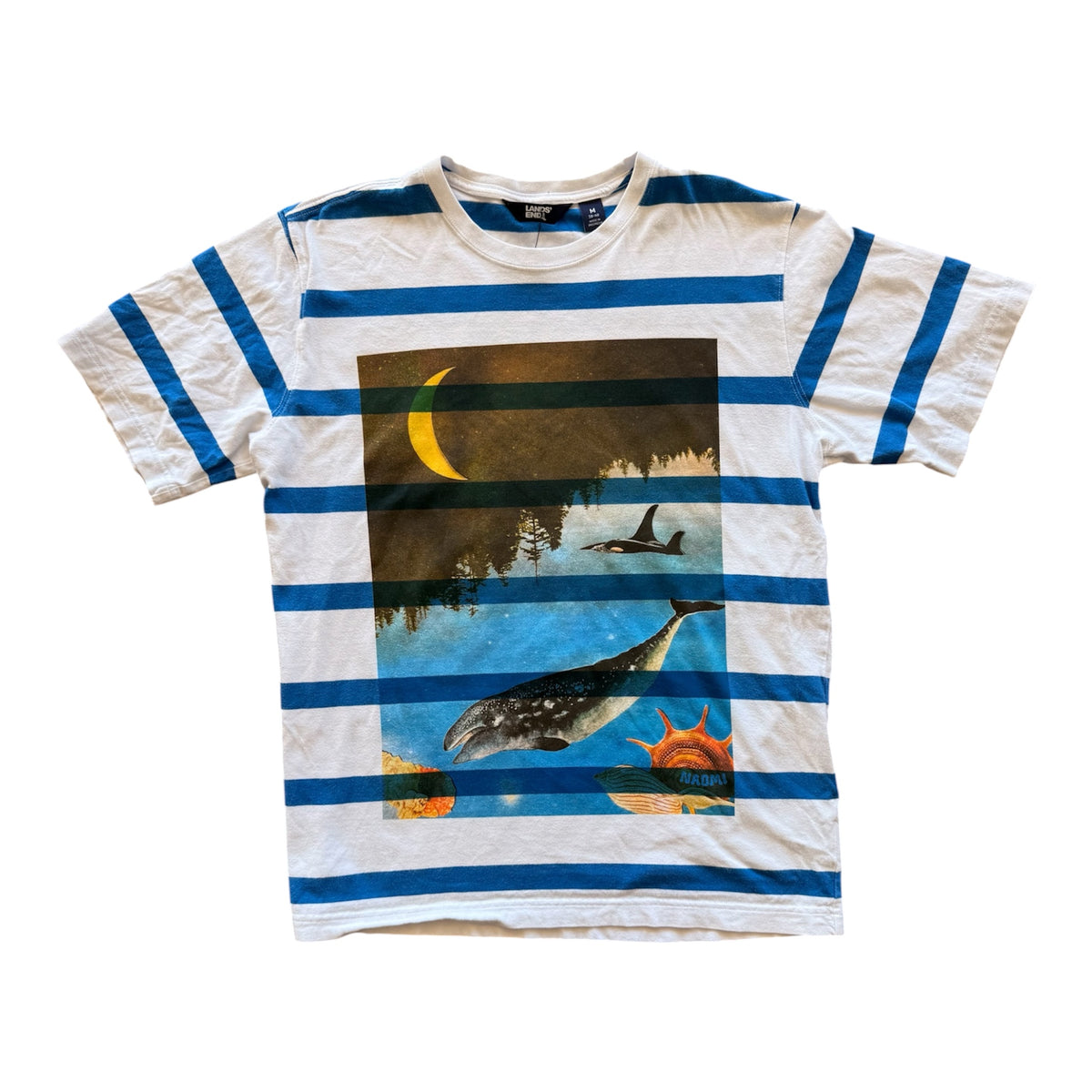 A vintage-style short-sleeve t-shirt with horizontal blue stripes on a white base, featuring a large rectangular graphic print on the front showing a whale, an orca, a crescent moon, and a forest reflection.