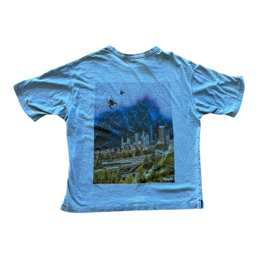 Blue tee with a graphic of a spiderweb over a seattle cityscape printed on the back 