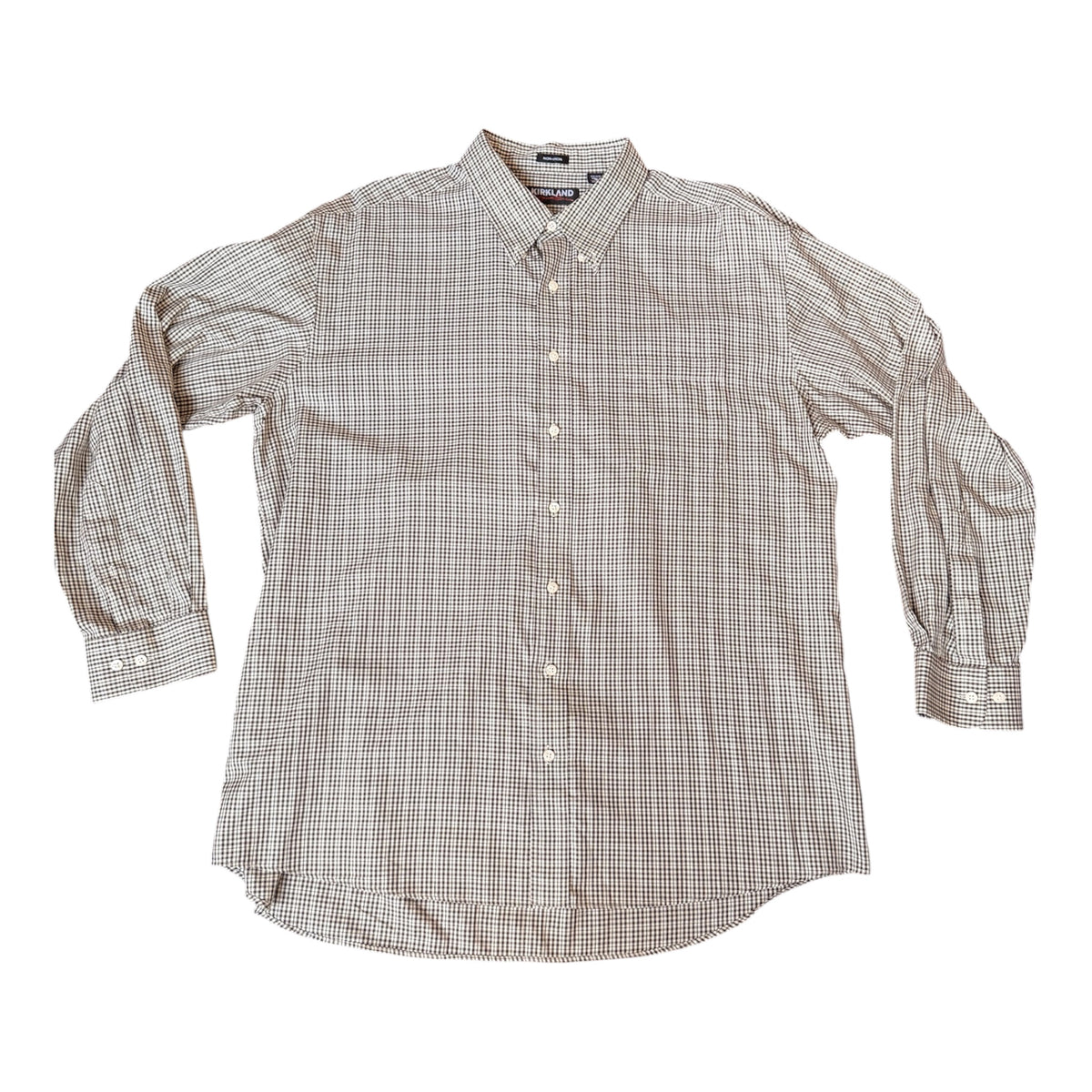 A men's long-sleeve button-down shirt in a beige and brown plaid pattern, laid flat against a white background.