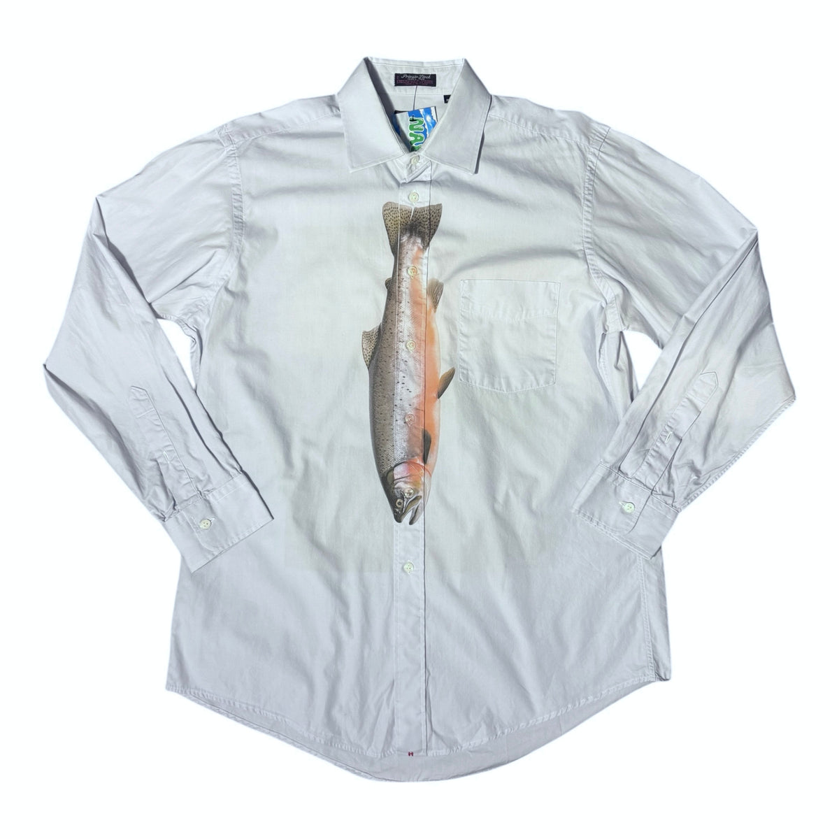 A light grayish blue long-sleeve button-up shirt with a large realistic trout graphic printed vertically down the center chest, laid flat on a white background.