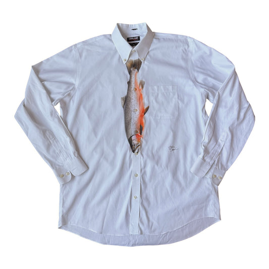A white long-sleeve button-down shirt with a realistic trout graphic printed down the center front, laid flat on a white background.