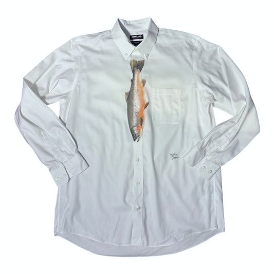 A white long-sleeve button-down shirt with a realistic printed fish graphic running vertically down the front, laid flat on a white background.