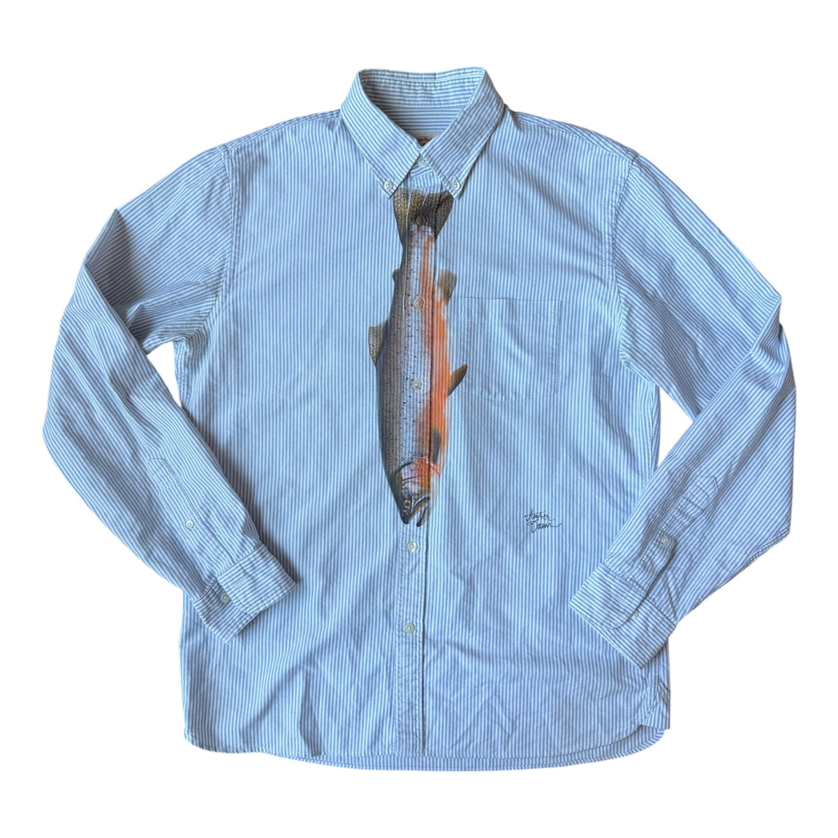 A light blue and white striped long-sleeve button-down shirt with a printed fish graphic on the chest, laid flat against a white background.