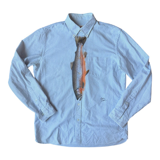 A light blue and white striped long-sleeve button-down shirt with a printed fish graphic on the chest, laid flat against a white background.
