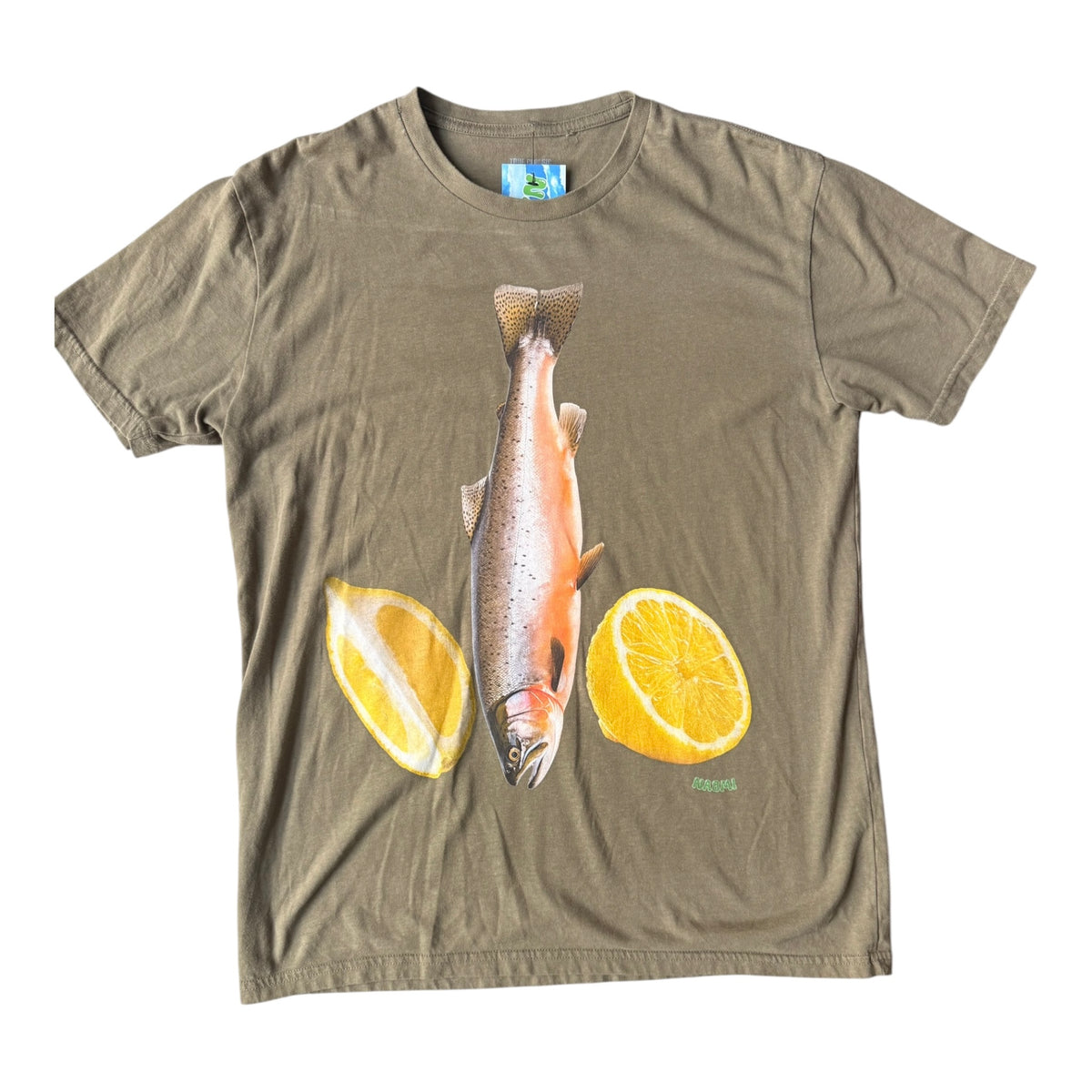 An olive green crewneck t-shirt featuring a graphic print of a whole trout with a lemon slice on each side, displayed flat against a white background.