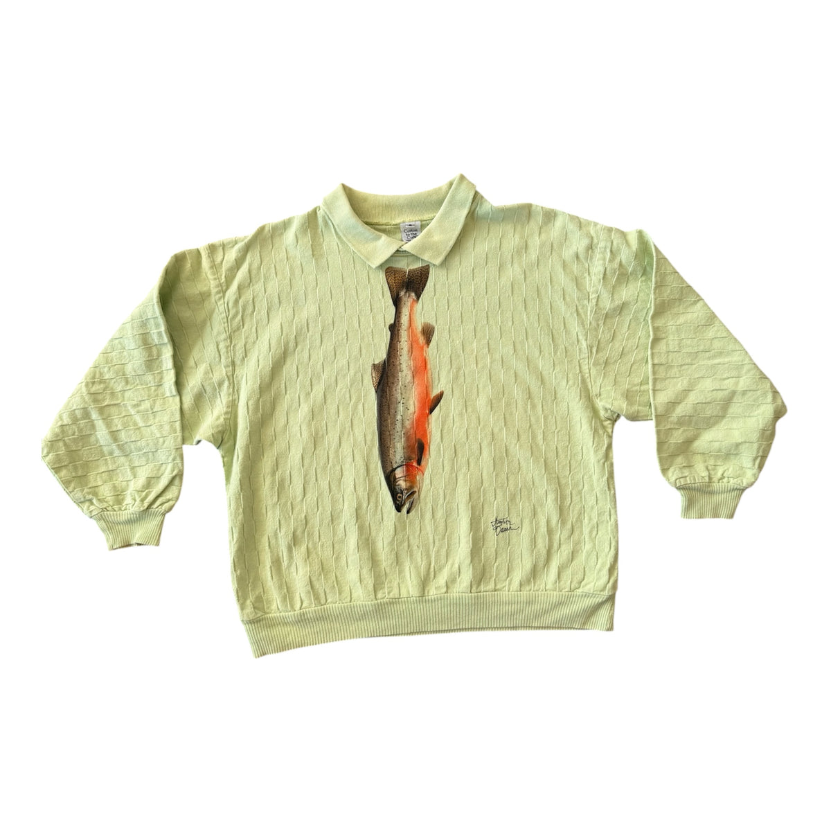 A pale yellow-green long-sleeve crewneck sweatshirt featuring a realistic graphic of a salmon fish printed vertically down the center chest, displayed flat against a white background.