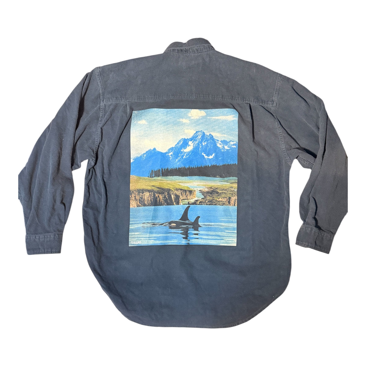 A dark gray long-sleeve button-up shirt shown flat against a white background, featuring a large rectangular back graphic print of a mountain landscape with a lake, cliffs, and an orca.