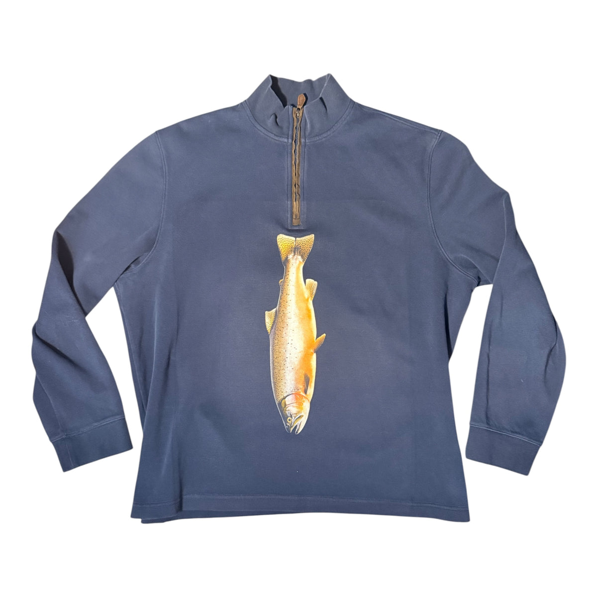 A navy blue long-sleeve quarter-zip pullover sweatshirt featuring a realistic graphic of a golden trout printed vertically on the front, displayed against a solid white background.