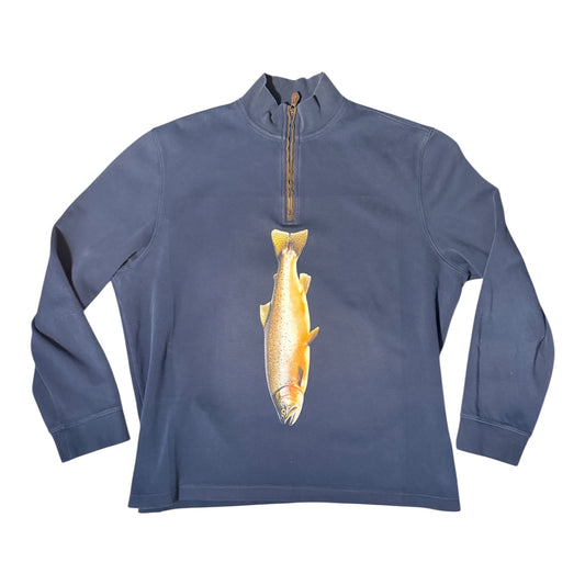 A navy blue long-sleeve quarter-zip pullover sweatshirt featuring a realistic graphic of a golden trout printed vertically on the front, displayed against a solid white background.