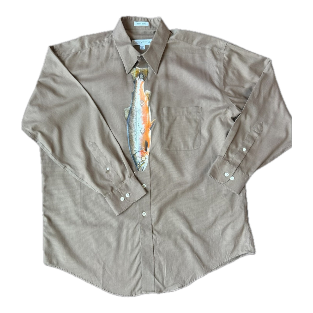 Light brown long sleeve button down shirt with a fish printed in the front center to look like a tie 