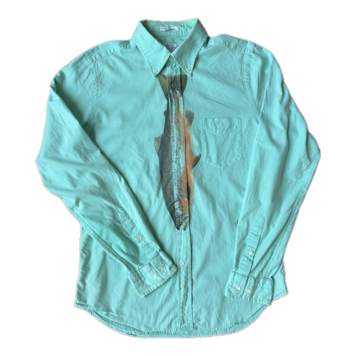 Light green button down shirt with a fish printed on the front center to look like a tie 
