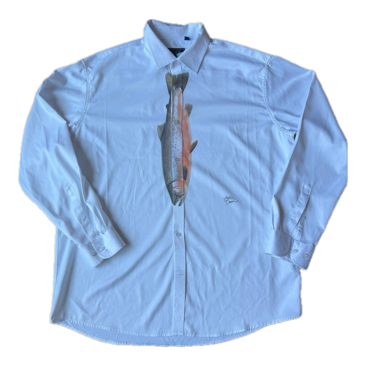 Long sleeve white button down with a fish printed on the front center to look like a tie