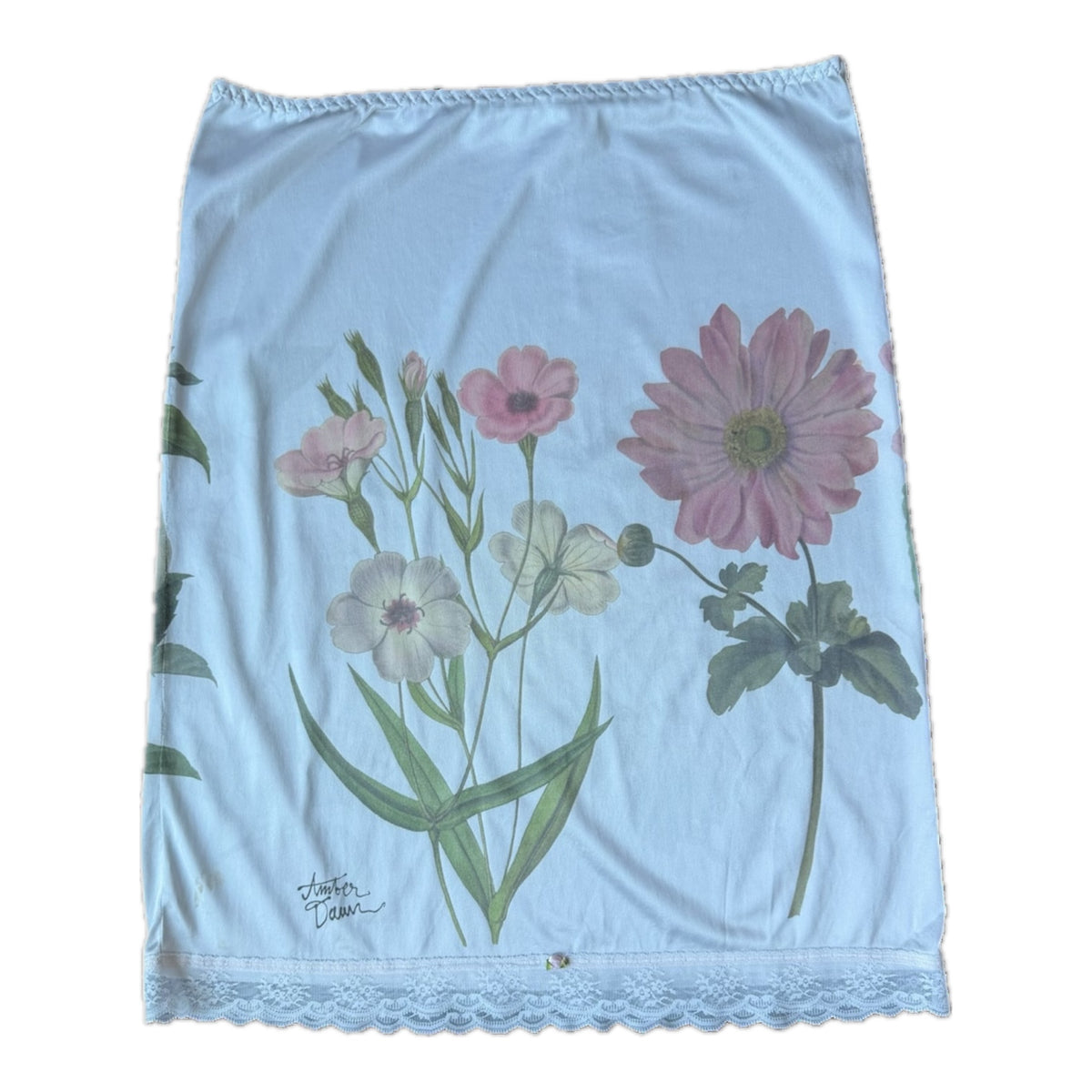 Off white Slip skirt with a lace hem and vintage flowers printed on top 
