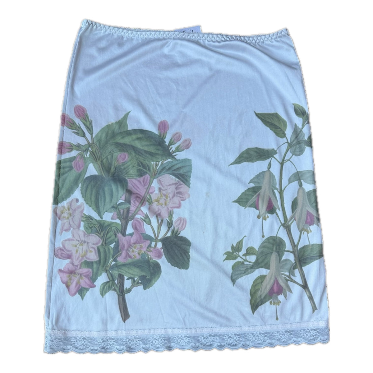 Off white Slip skirt with a lace hem and vintage flowers printed on top 