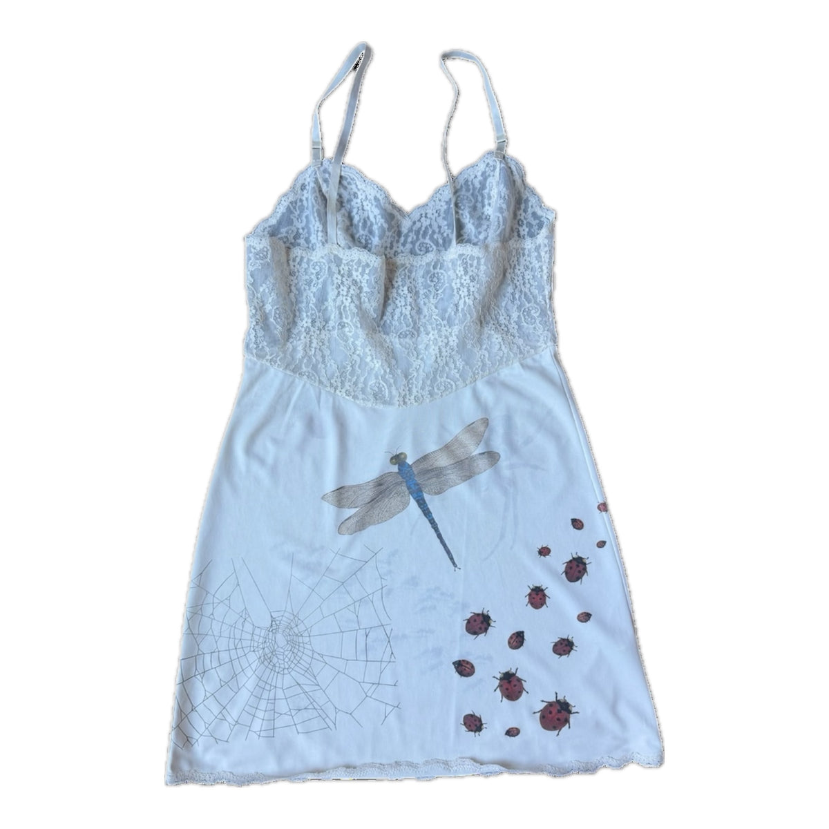 Off white slip dress with a dragonfly, spiderweb and a ladybugs printed on the back. Lace bust and lace hem