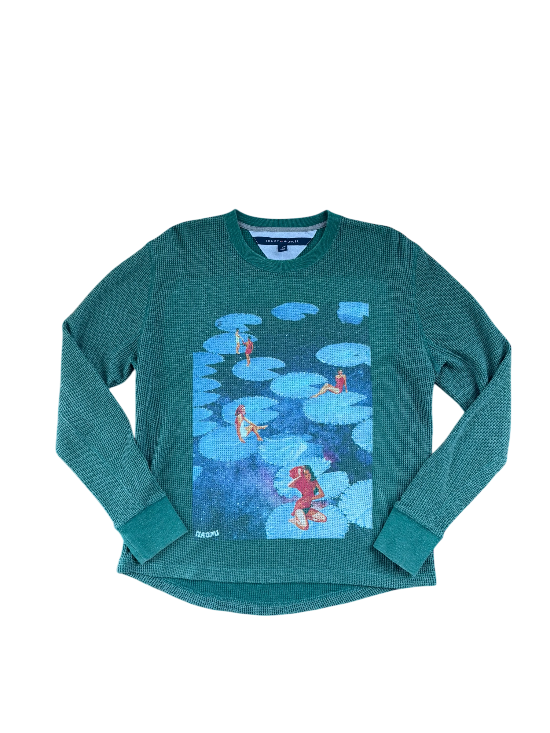 Forest Green Waffle Knit shirt with surreal lilypad collage on the front