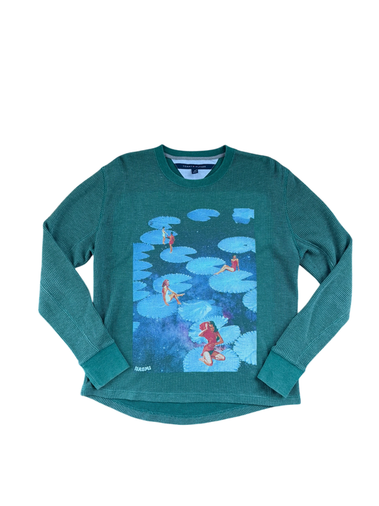 Forest Green Waffle Knit shirt with surreal lilypad collage on the front