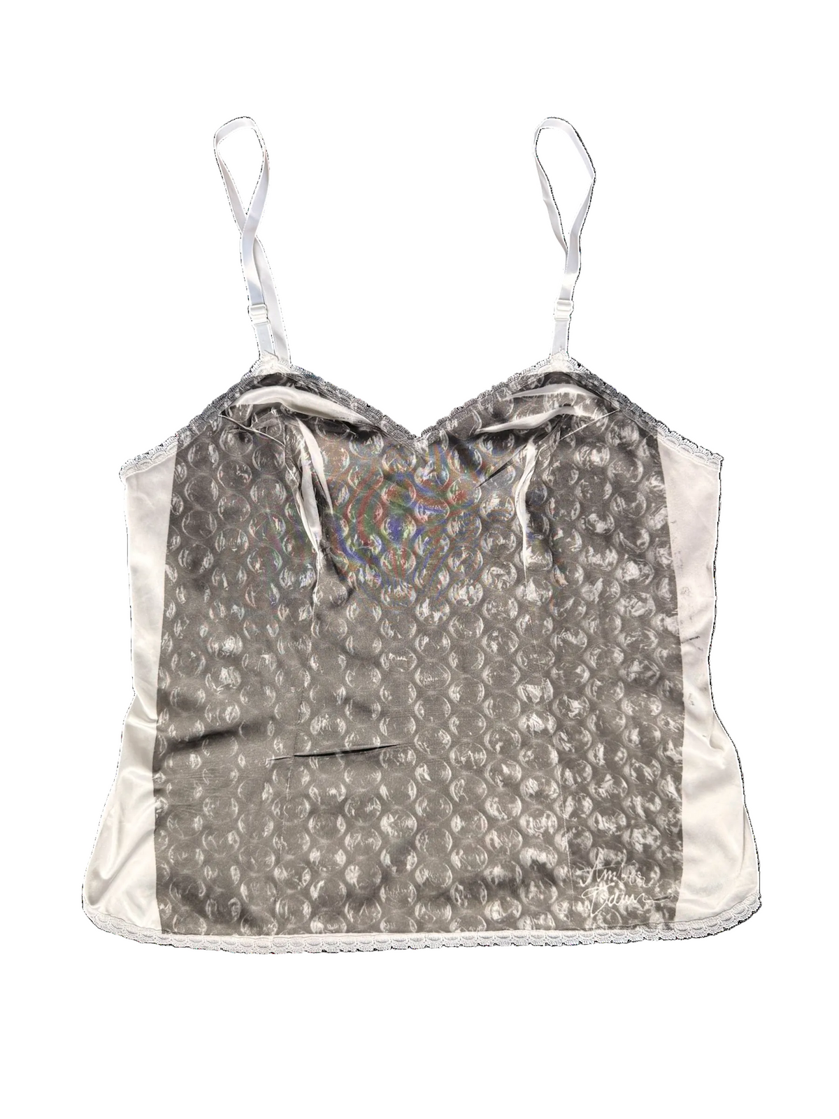 A satin camisole top with a textured, bubble-like patterned center panel and smooth cream-colored side panels and straps, shown against a plain white background.