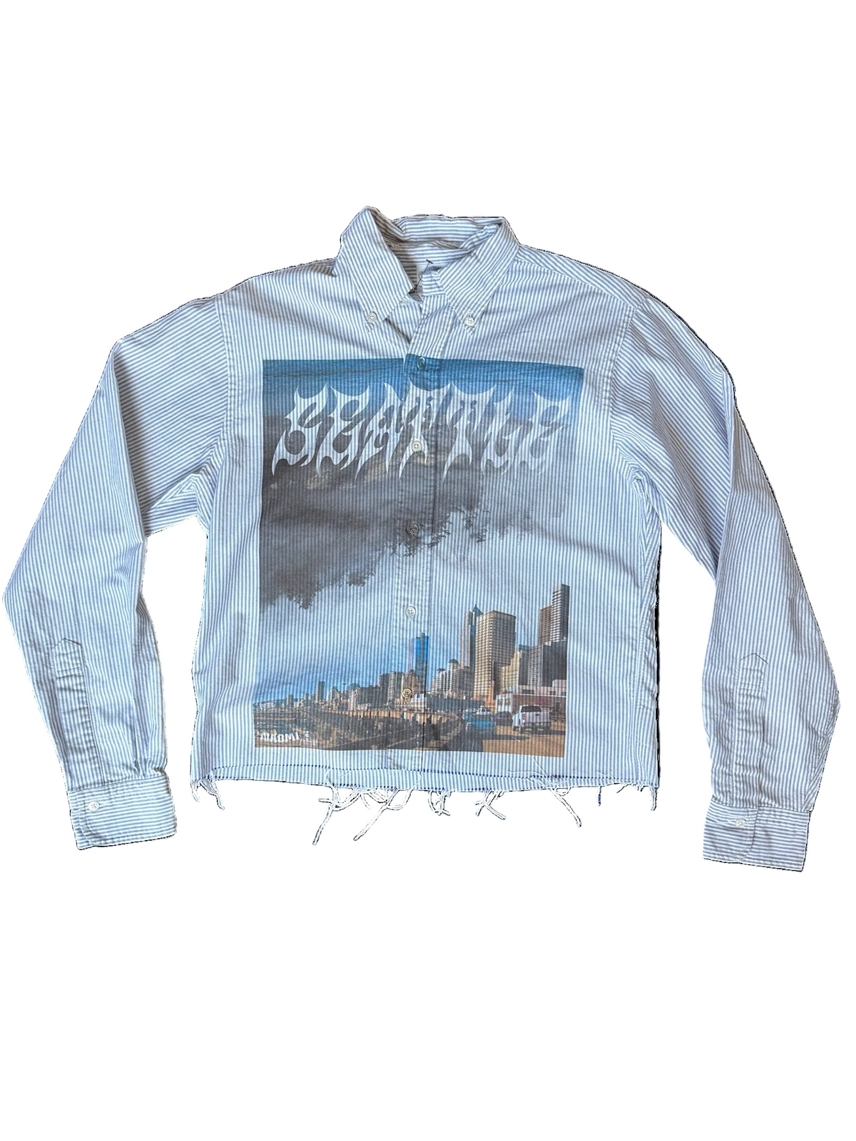 A light blue and white striped long-sleeve button-up shirt with a raw, frayed hem and cuffs, featuring a large front graphic print of the old Alaskan way viaduct with Seattle written at the top.
